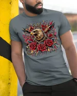 Crowned Eagle with Roses T-Shirt - model leaning on yellow-black pole, wearing Gray T-shirt, hand in pocket