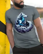 Moonlight Wolf Spirit Fantasy T-Shirt - model leaning on yellow-black pole, wearing Gray T-shirt, hand in pocket