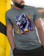 Fierce White Tiger with Flames T-Shirt - model leaning on yellow-black pole, wearing Gray T-shirt, hand in pocket