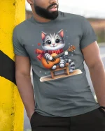 Cute Cat Playing Guitar Cartoon T-Shirt - model leaning on yellow-black pole, wearing Gray T-shirt, hand in pocket