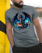 Fierce Blue Flame Dragon T-Shirt - model leaning on yellow-black pole, wearing Gray T-shirt, hand in pocket