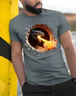 Fire Breathing Dragon Wall Break T-Shirt - model leaning on yellow-black pole, wearing Gray T-shirt, hand in pocket