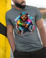 Street Style Hip Hop Bear T-Shirt - model leaning on yellow-black pole, wearing Gray T-shirt, hand in pocket