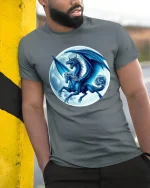 Mystic Blue Dragon Moonlight T-Shirt - model leaning on yellow-black pole, wearing Gray T-shirt, hand in pocket