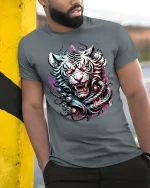 Fierce White Tiger Warrior Fantasy T-Shirt - model leaning on yellow-black pole, wearing Gray T-shirt, hand in pocket