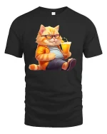 Cool Cat Relaxing with Juice Funny T-Shirt - black t-shirt on white background