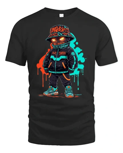 Neon Streetwear Graffiti Style T-Shirt - black t-shirt on white background