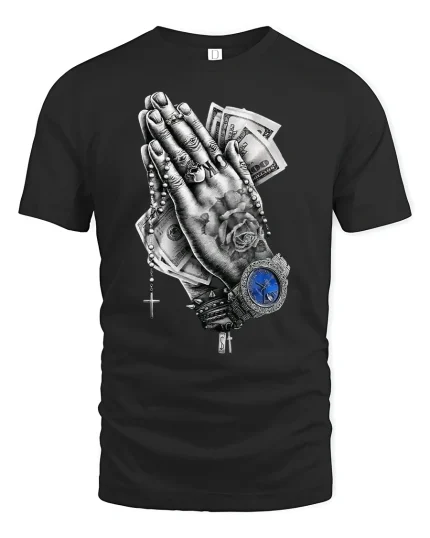 Praying Hands Money Watch T-Shirt - black t-shirt on white background