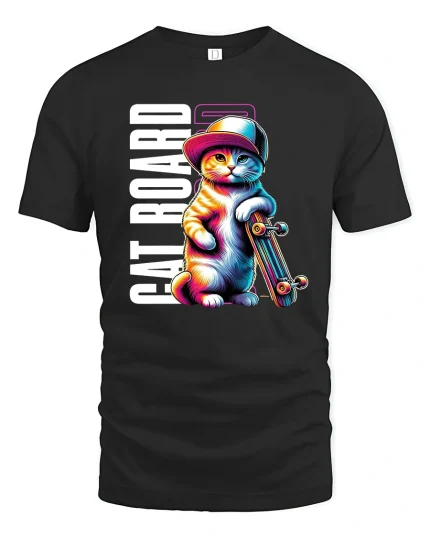 Cool Cat Skateboard Graphic Tee - black t-shirt on white background