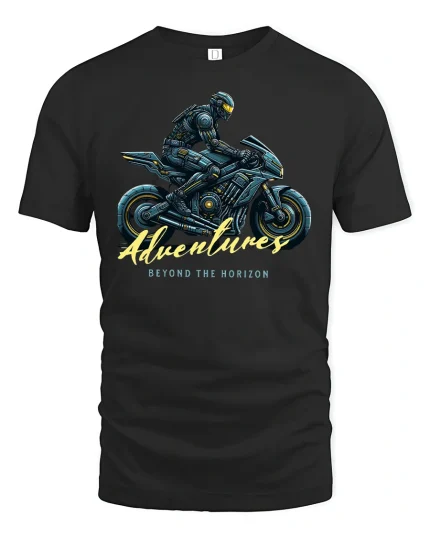 Futuristic Rider Adventures T-Shirt - black t-shirt on white background