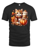 Cute Autumn Cat with Pumpkin Spice T-Shirt - black t-shirt on white background