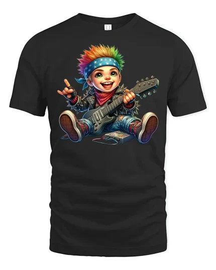 Punk Rock Kid Guitarist Rainbow Hair T-Shirt - black t-shirt on white background