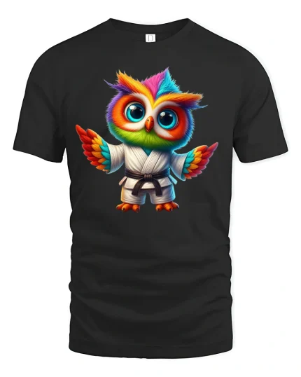 Cute Martial Arts Owl in Gi Funny T-Shirt - black t-shirt on white background