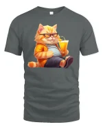 Cool Cat Relaxing with Juice Funny T-Shirt - gray t-shirt on white background