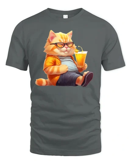 Cool Cat Relaxing with Juice Funny T-Shirt - gray t-shirt on white background