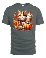 Cute Autumn Cat with Pumpkin Spice T-Shirt - gray t-shirt on white background