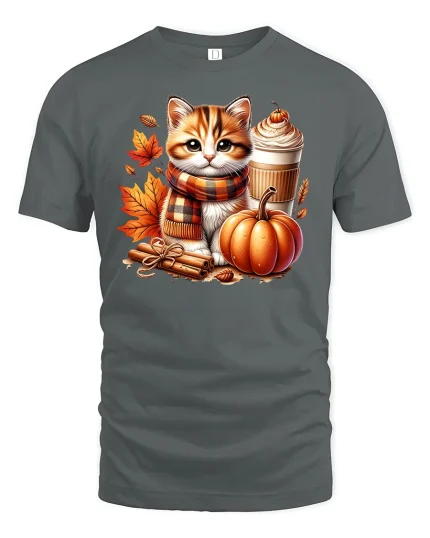 Cute Autumn Cat with Pumpkin Spice T-Shirt - gray t-shirt on white background
