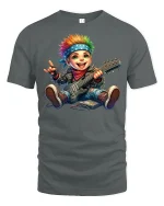 Punk Rock Kid Guitarist Rainbow Hair T-Shirt - gray t-shirt on white background