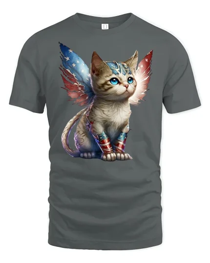Patriotic Hero Cat with Wings T-Shirt - gray t-shirt on white background