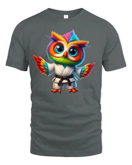 Cute Martial Arts Owl in Gi Funny T-Shirt - gray t-shirt on white background