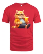 Cool Cat Relaxing with Juice Funny T-Shirt - red t-shirt on white background