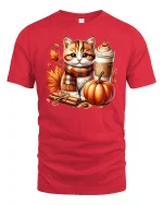 Cute Autumn Cat with Pumpkin Spice T-Shirt - red t-shirt on white background