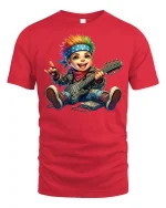 Punk Rock Kid Guitarist Rainbow Hair T-Shirt - red t-shirt on white background