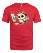 Cute Owl Painting Canvas Funny T-Shirt - red t-shirt on white background