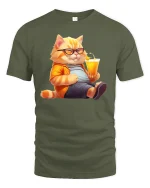 Cool Cat Relaxing with Juice Funny T-Shirt - military green t-shirt on white background