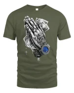 Praying Hands Money Watch T-Shirt - military green t-shirt on white background
