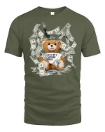 Money Bear Graphic Tee Funny Rich Vibes - military green t-shirt on white background