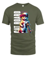 Cool Cat Skateboard Graphic Tee - military green t-shirt on white background