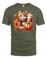 Cute Autumn Cat with Pumpkin Spice T-Shirt - military green t-shirt on white background