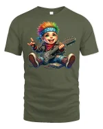 Punk Rock Kid Guitarist Rainbow Hair T-Shirt - military green t-shirt on white background