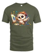 Cute Owl Painting Canvas Funny T-Shirt - military green t-shirt on white background