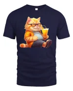 Cool Cat Relaxing with Juice Funny T-Shirt - navy t-shirt on white background