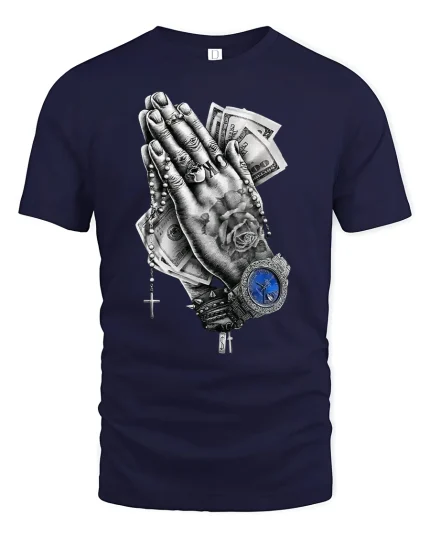 Praying Hands Money Watch T-Shirt - navy t-shirt on white background