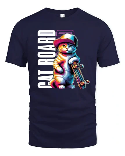 Cool Cat Skateboard Graphic Tee - navy t-shirt on white background