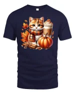 Cute Autumn Cat with Pumpkin Spice T-Shirt - navy t-shirt on white background