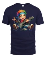 Punk Rock Kid Guitarist Rainbow Hair T-Shirt - navy t-shirt on white background