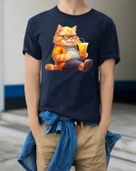 Cool Cat Relaxing with Juice Funny T-Shirt - model wearing Navy T-shirt, hands in pockets, denim shirt at waist