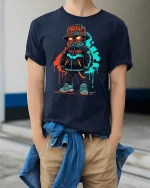 Neon Streetwear Graffiti Style T-Shirt - model wearing Navy T-shirt, hands in pockets, denim shirt at waist