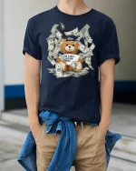 Money Bear Graphic Tee Funny Rich Vibes - model wearing Navy T-shirt, hands in pockets, denim shirt at waist