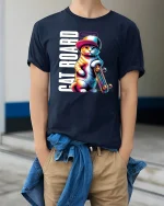 Cool Cat Skateboard Graphic Tee - model wearing Navy T-shirt, hands in pockets, denim shirt at waist