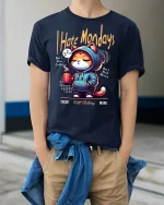 Funny I Hate Mondays Coffee T-Shirt - model wearing Navy T-shirt, hands in pockets, denim shirt at waist