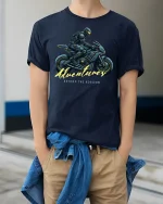 Futuristic Rider Adventures T-Shirt - model wearing Navy T-shirt, hands in pockets, denim shirt at waist