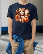 Cute Autumn Cat with Pumpkin Spice T-Shirt - model wearing Navy T-shirt, hands in pockets, denim shirt at waist