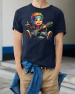 Punk Rock Kid Guitarist Rainbow Hair T-Shirt - model wearing Navy T-shirt, hands in pockets, denim shirt at waist