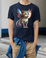 Patriotic Hero Cat with Wings T-Shirt - model wearing Navy T-shirt, hands in pockets, denim shirt at waist