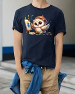Cute Owl Painting Canvas Funny T-Shirt - model wearing Navy T-shirt, hands in pockets, denim shirt at waist